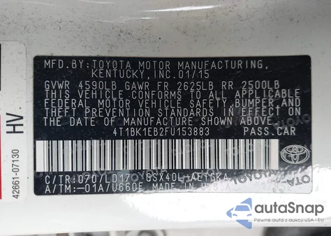2015 Toyota Avalon Xle from USA, damaged, VIN 4T1BK1EB2FU153883